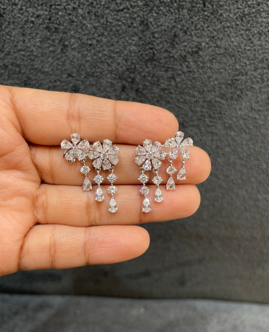 925 Silver Earcup Style Floral Diamond Look Earrings