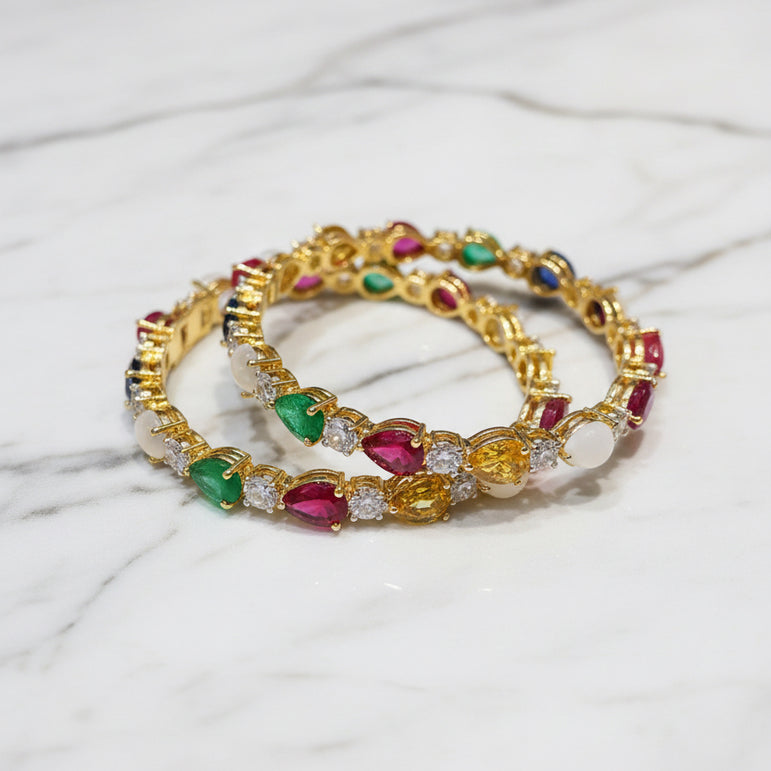 Navratna Pear-Cut Multi-Gemstone Diamond Look Bangles