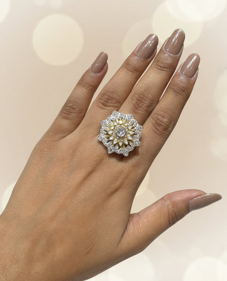 Dual-Tone Moissanite Polki & CZ Sunburst Flower Statement Ring