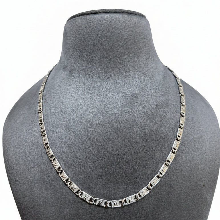 Silver LV-Inspired Pattern Block Link Men's Chain