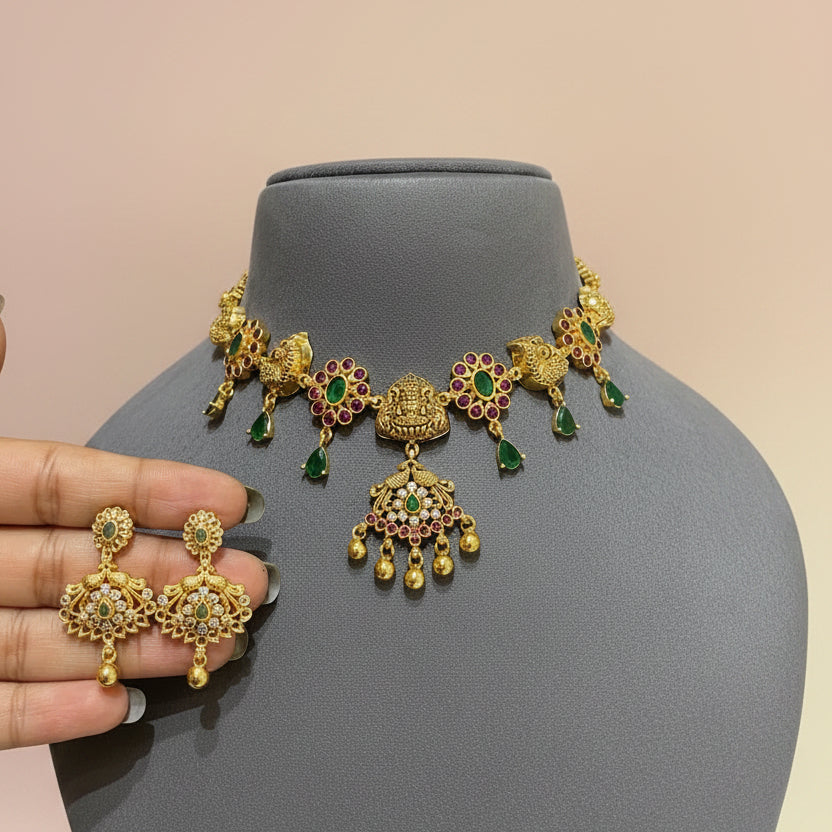 Ruby-Emerald Floral Temple Gold Look Set