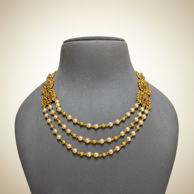 Royal Triple Strand Pearl Layered Gold Look Set