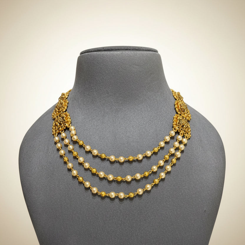 Royal Triple Strand Pearl Layered Gold Look Set