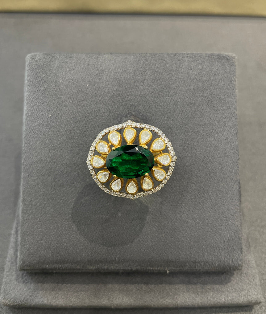 925 Silver Emerald Polki Ring