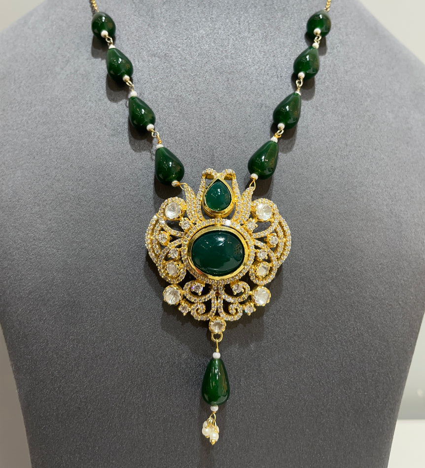 925 Silver Dark Green Stone Pendant Set