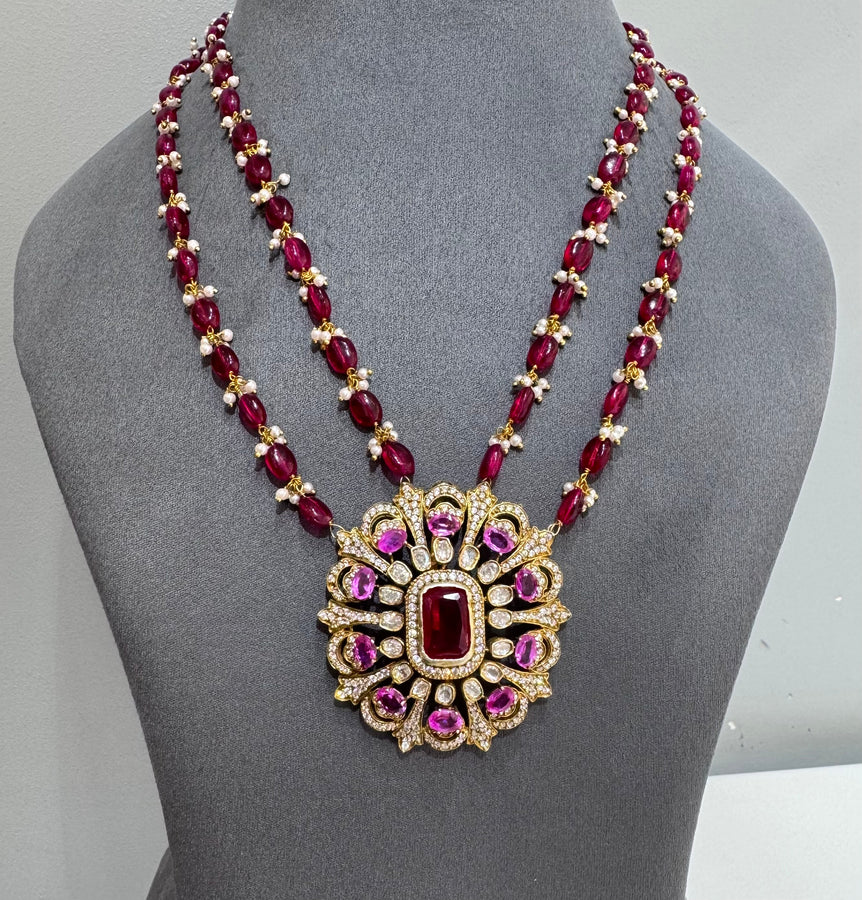 925 Silver Traditional Pink Stone & Polki Pendant