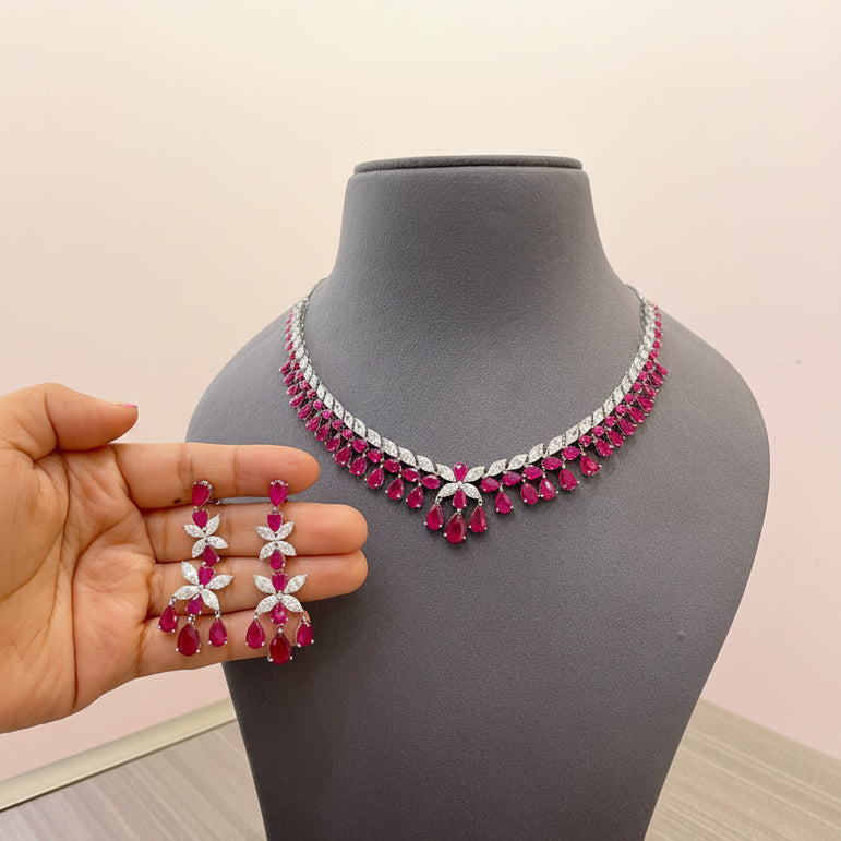 Ruby & Silver Floral Droplet Diamond Set