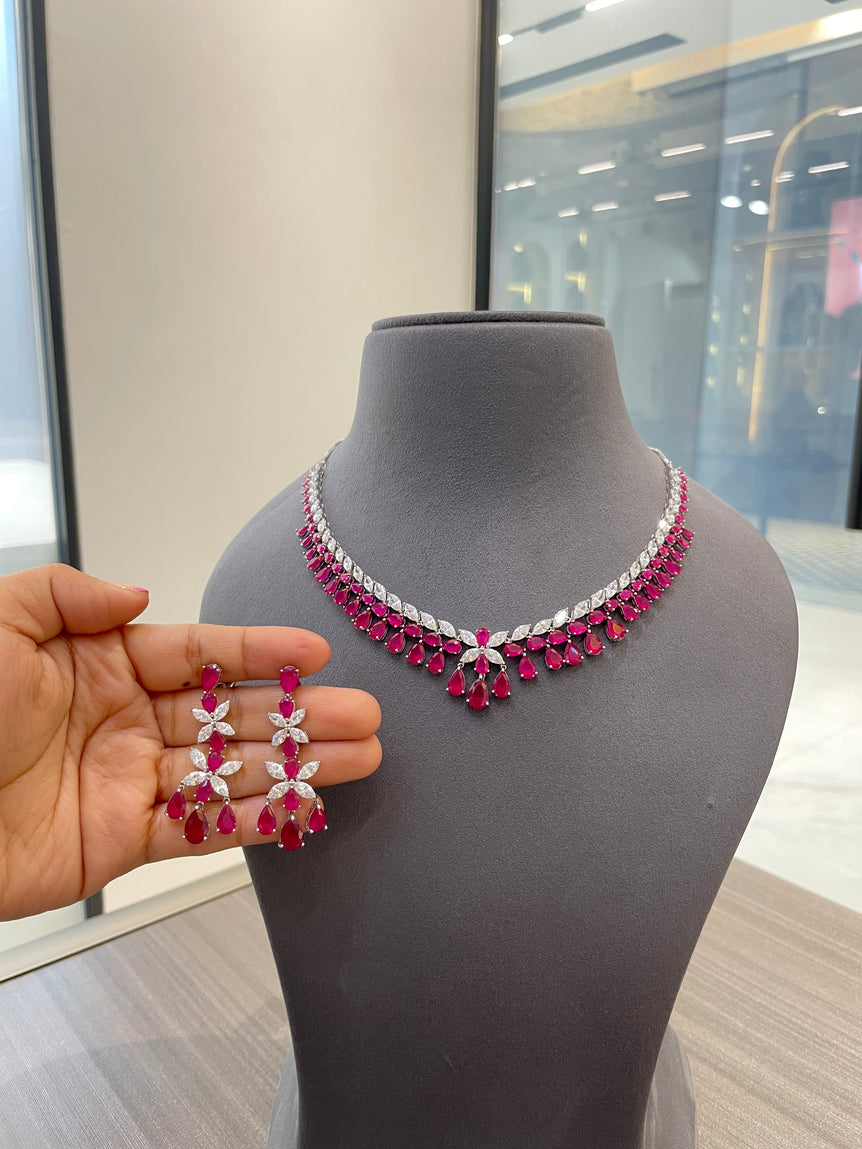 925 Silver Ruby Aurora Moissanite Diamond Necklace Set