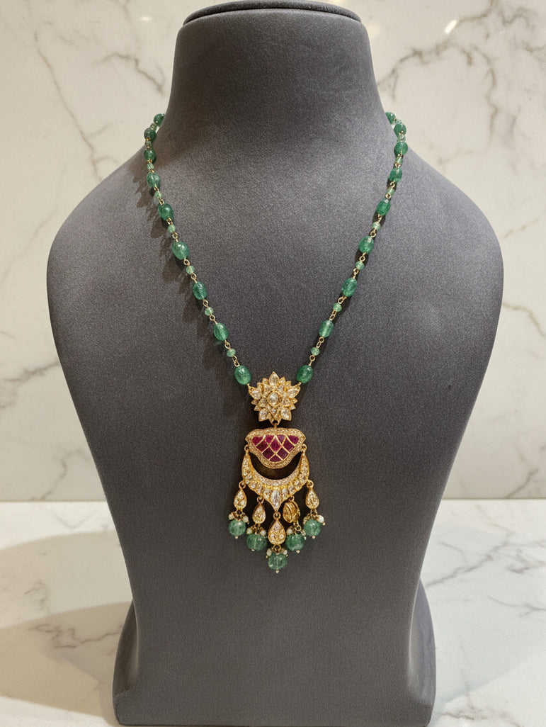 Royal Floral Rosette & Crescent Polki Pendant Set