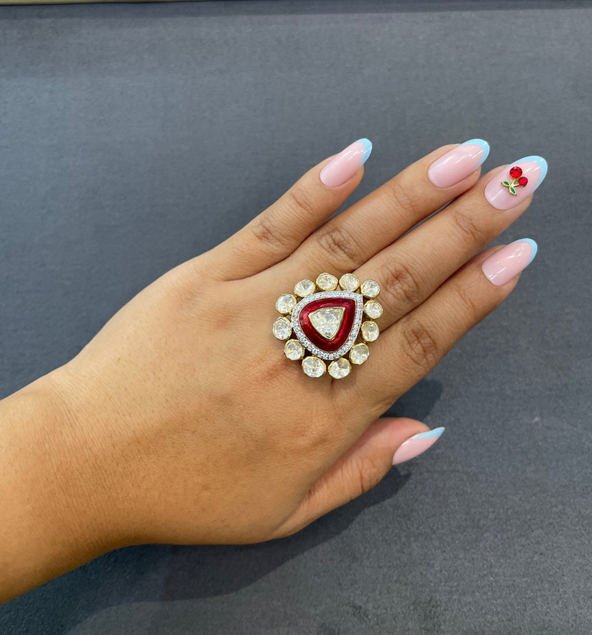 925 Silver Meenakari Polki Ring