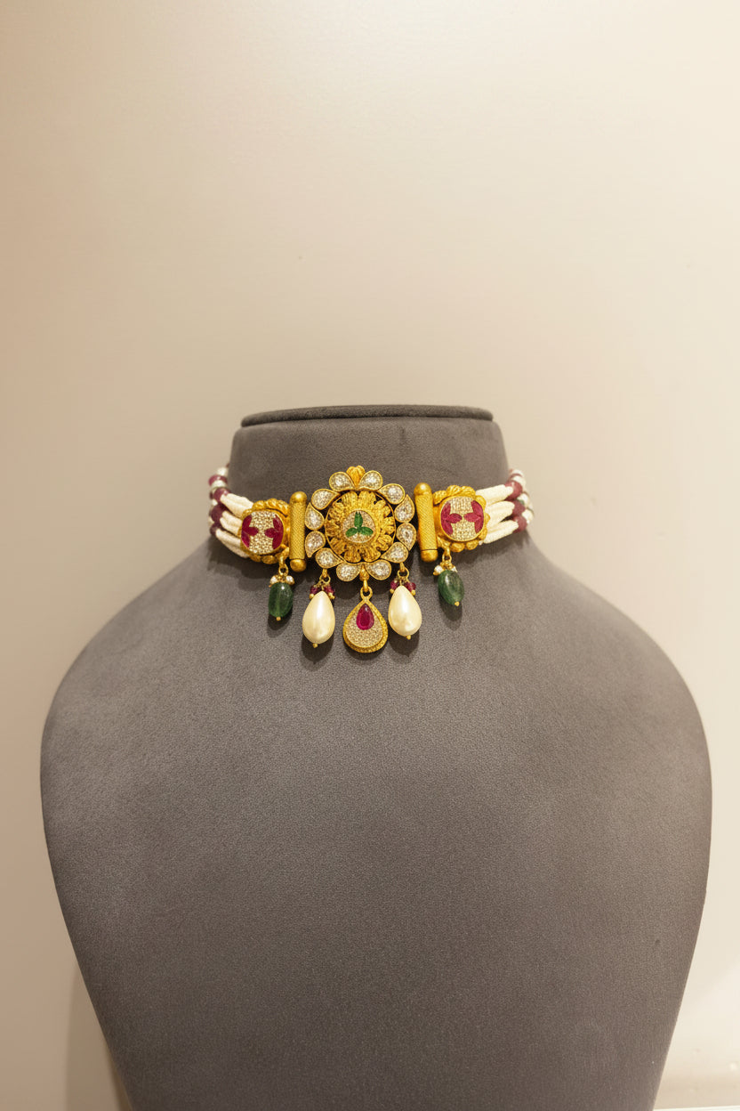 Nakshi Multi-Gemstone Gold Look Choker