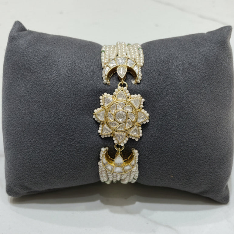 Floral Starburst & Crescent Moissanite Polki Multi-Strand Pearl Bracelet
