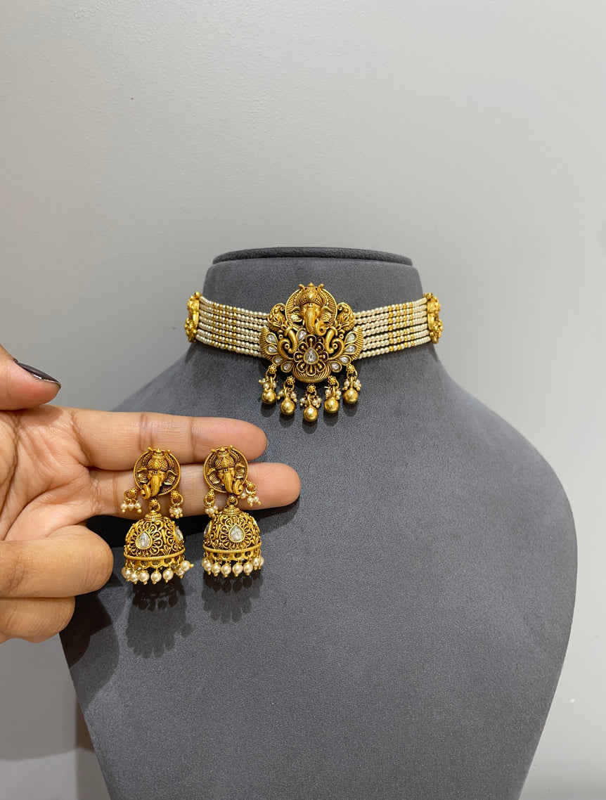 925 Silver Ganesh Prabha Antique Gold Look Choker