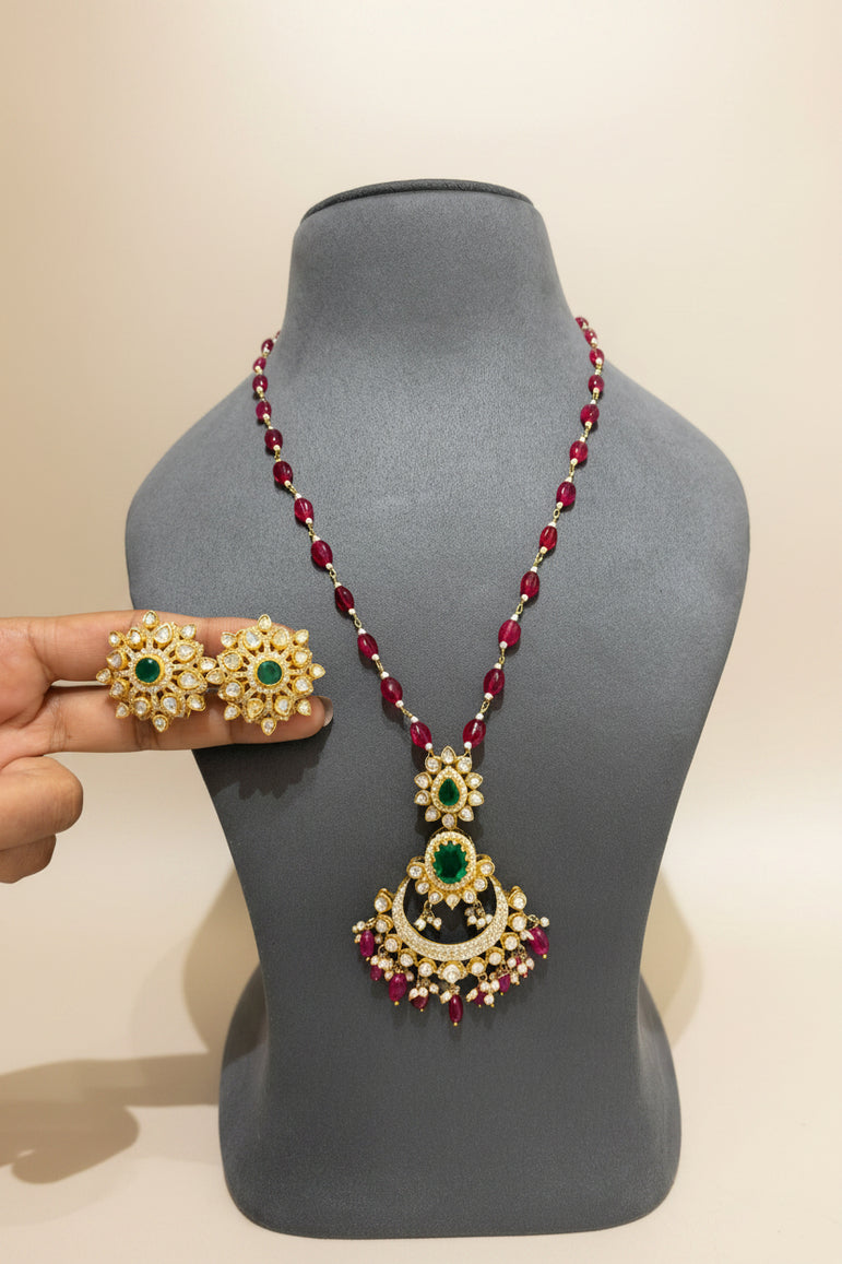 Heritage Chaandbali Emerald Moissanite Polki Pendant Set