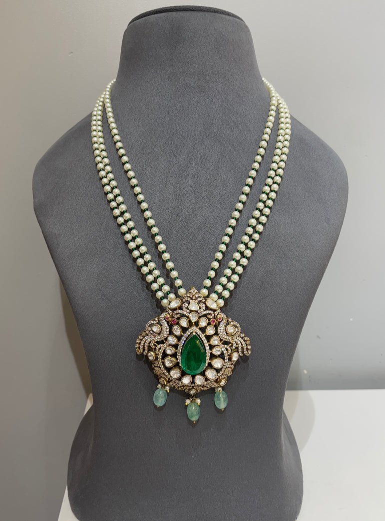 Double Layer Pearl with Royal Emerald-Green Teardrop Polki Pendant