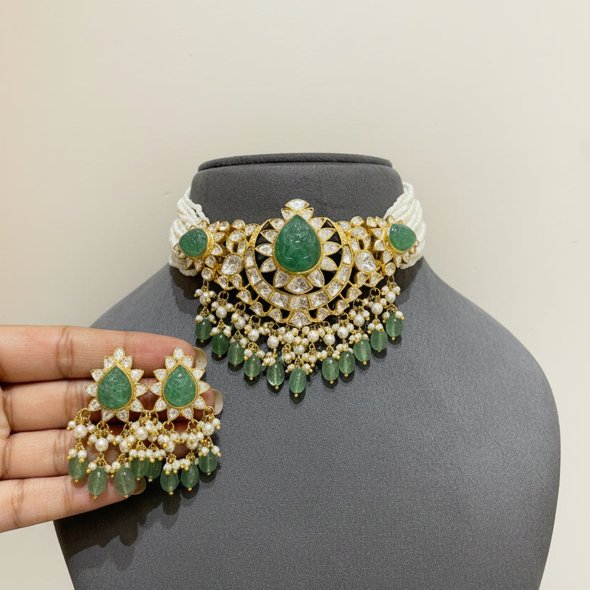 Carved Emerald-Green Melon & Moissanite Polki Crescent Choker