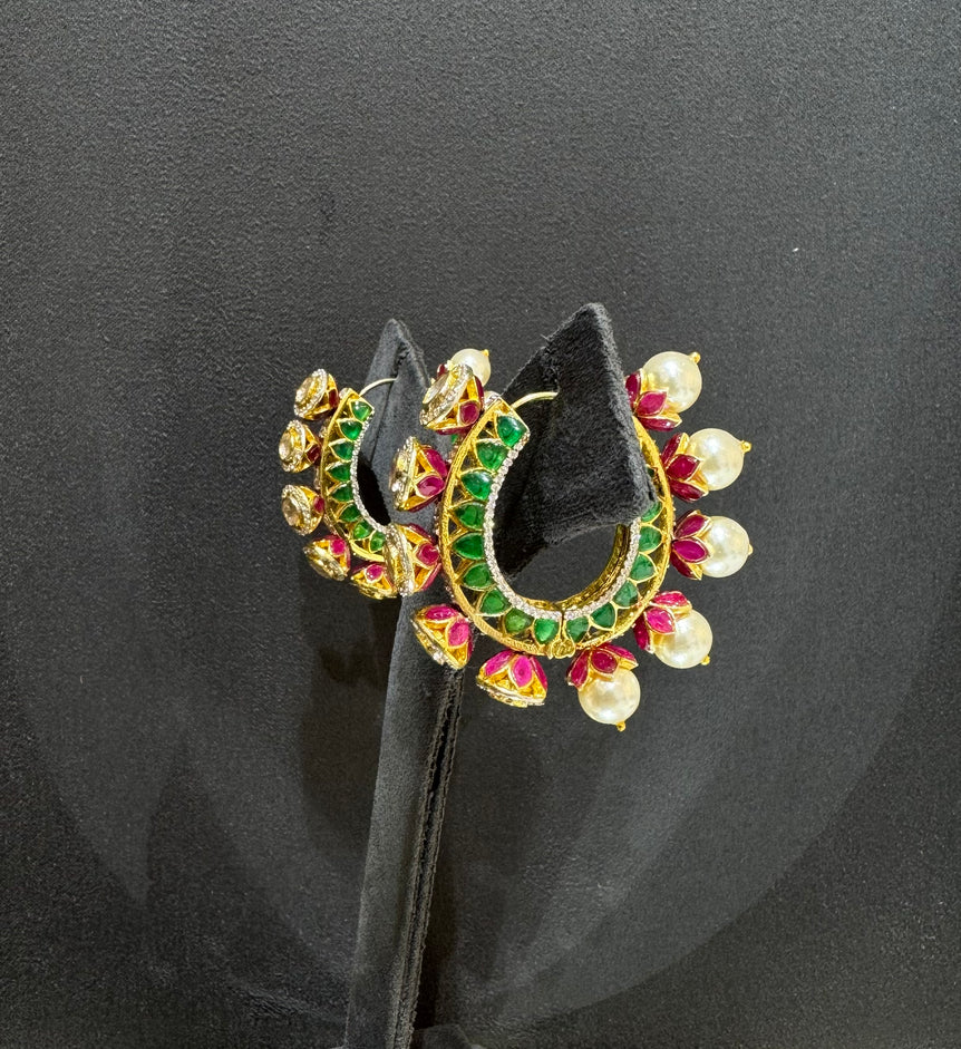 925 Silver Heavy Pearl & Polki Reversible Hoop Earrings