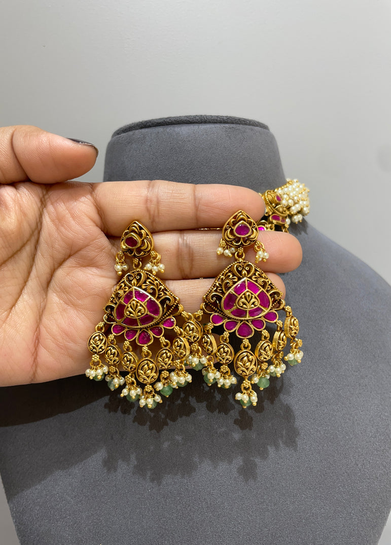 925 Silver Pearly & Ruby Antique Choker Set with 22kt Gold Plated