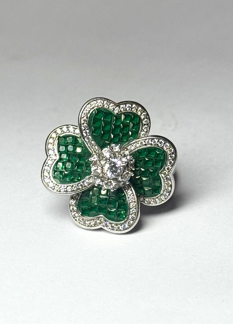 925 PURE SILVER STUNNING COCKTAIL GREEN COLOR FLOWER RING