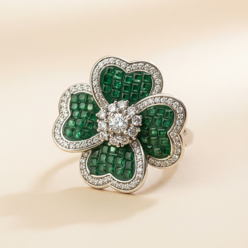 Blossoming Emerald Clover Statement Ring
