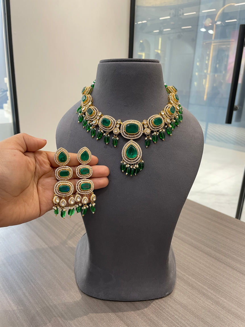 ELEGANT GREEN STONE WORK PURE SILVER SET