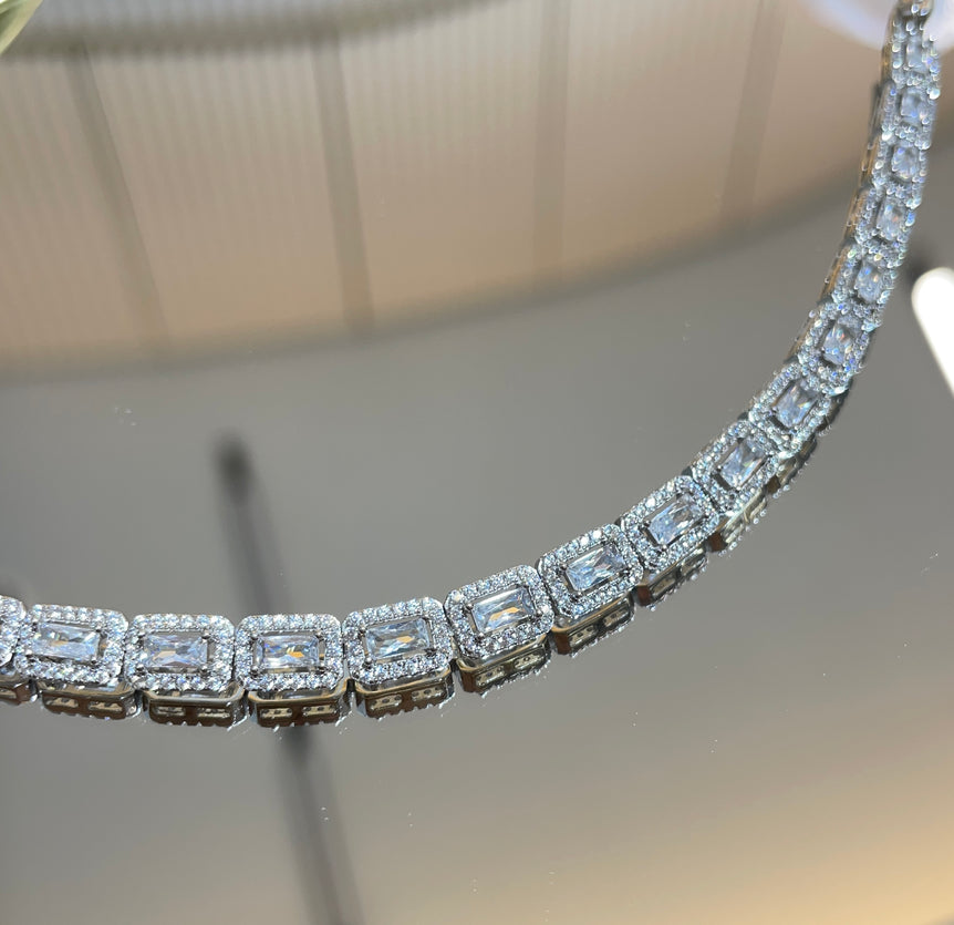925 Silver Emerald Cut With Outline Diamond Tennis Bracelet