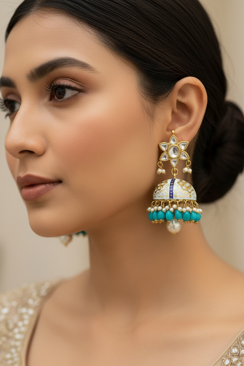 Tarquoise Enamel Polki Jhumka Earrings