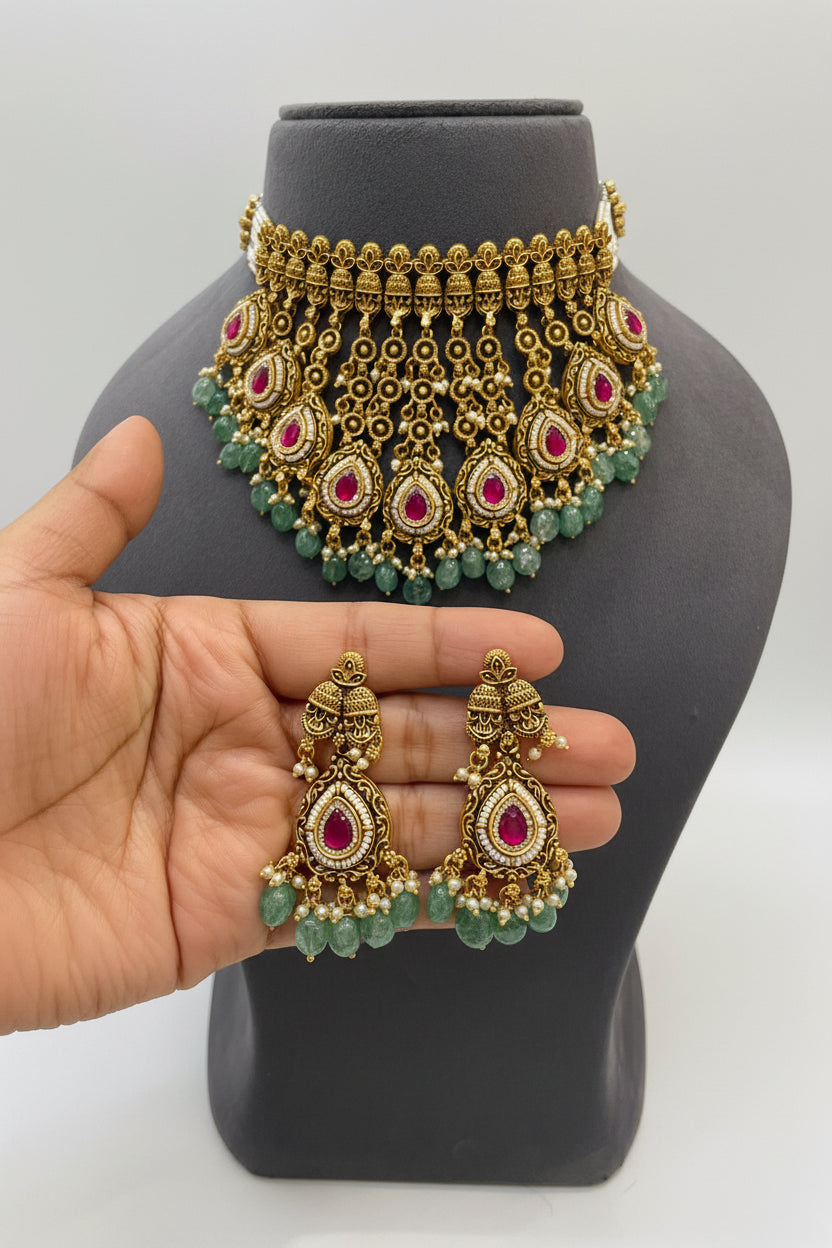 Heritage Nakshi Teardrop Choker Gold Look