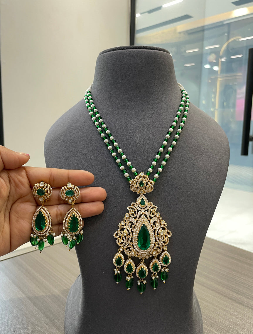 925 Silver Emerald Allure Polki Necklace Set