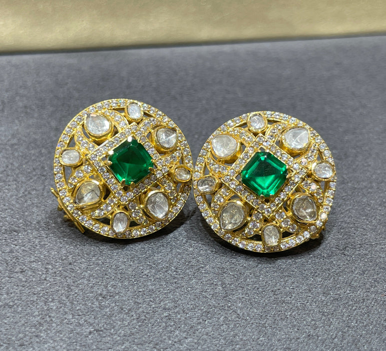 925 Silver Princess Cut Green Stone Polki Earrings