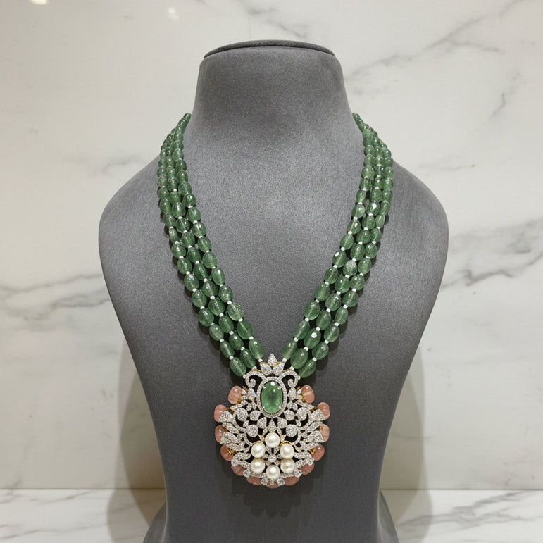 Oval Mint Gemstone & Pearl Cluster Diamond Look Set
