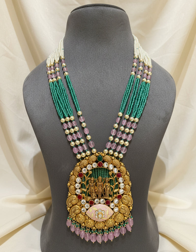 Divine Ram Darbar Nakshi & Soft Pink Meenakari Long Set