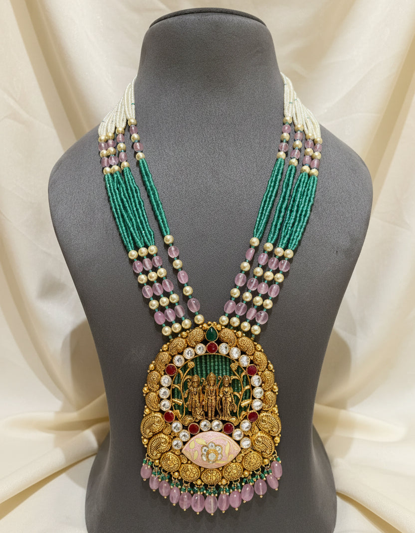 Divine Ram Darbar Nakshi & Soft Pink Meenakari Long Set
