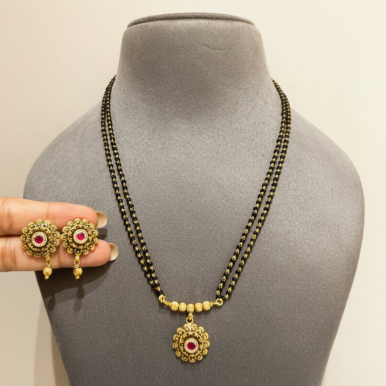 Dual-Strand Black Bead Floral Medallion Mangalsutra Pendant Set