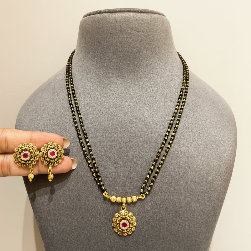 Dual-Strand Black Bead Floral Medallion Mangalsutra Pendant Set