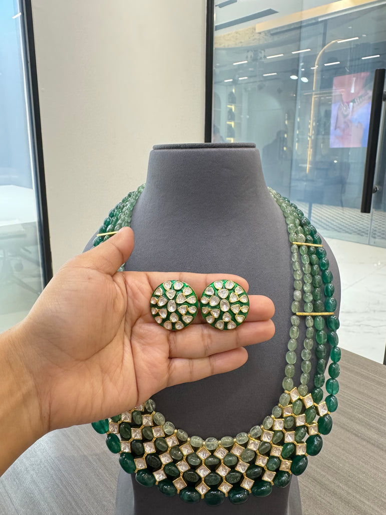 925 Silver Emerald Noor Polki Long Necklace Set