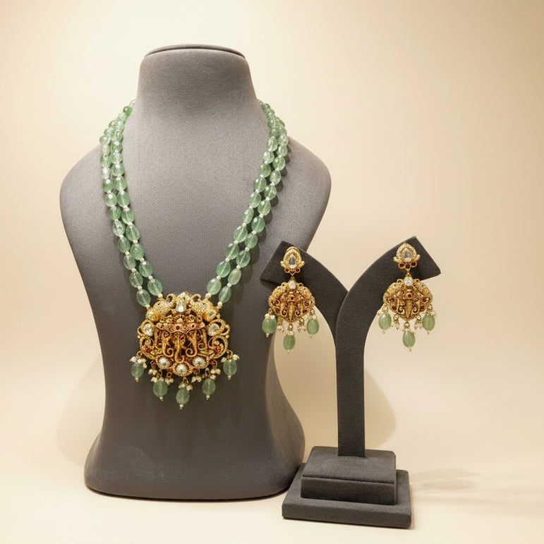 Royal Green Quartz Beaded Temple Gaja Long Set