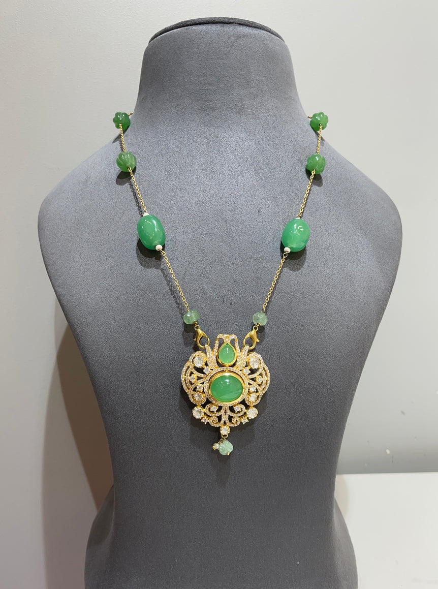 925 Silver Traditional Green Stone Polki Pendant