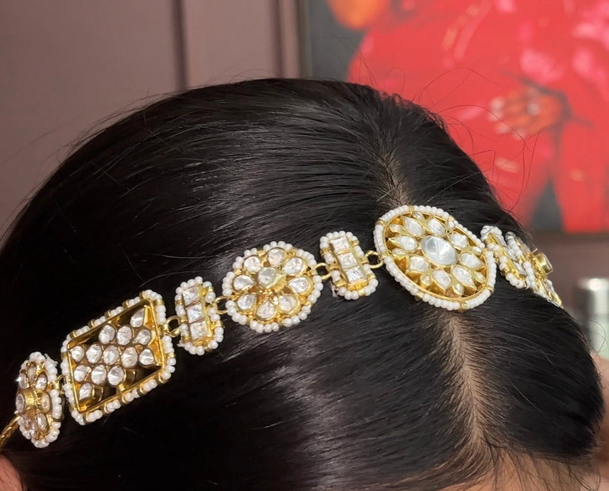 925 Silver White Beads Polki Matha Patti