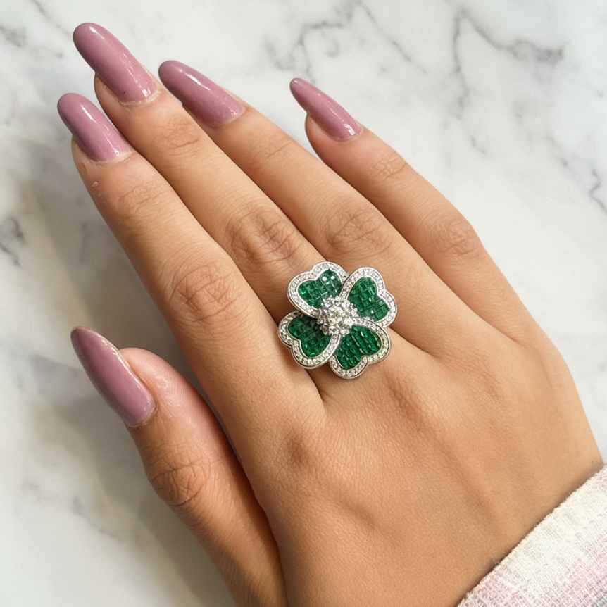 Blossoming Emerald Clover Statement Ring