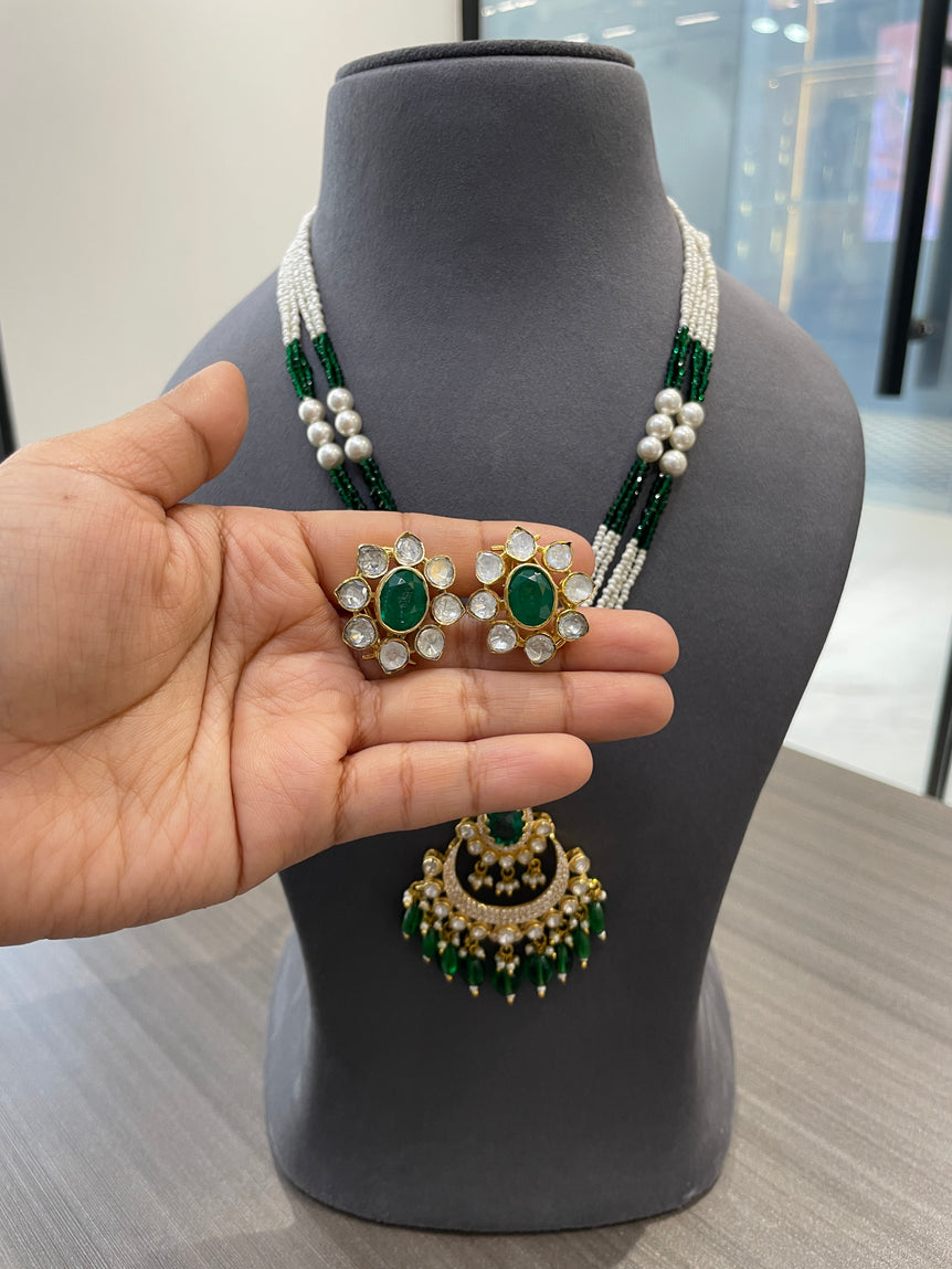 925 Silver Emerald Chandbali Necklace Set