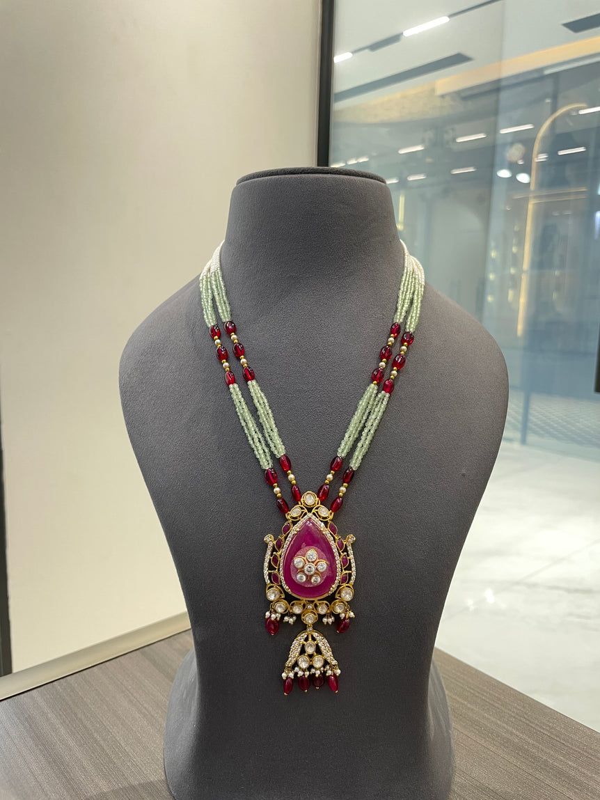 ROYAL PURE SILVER PINK PENDANT WITH GREEN AND PINK MALA