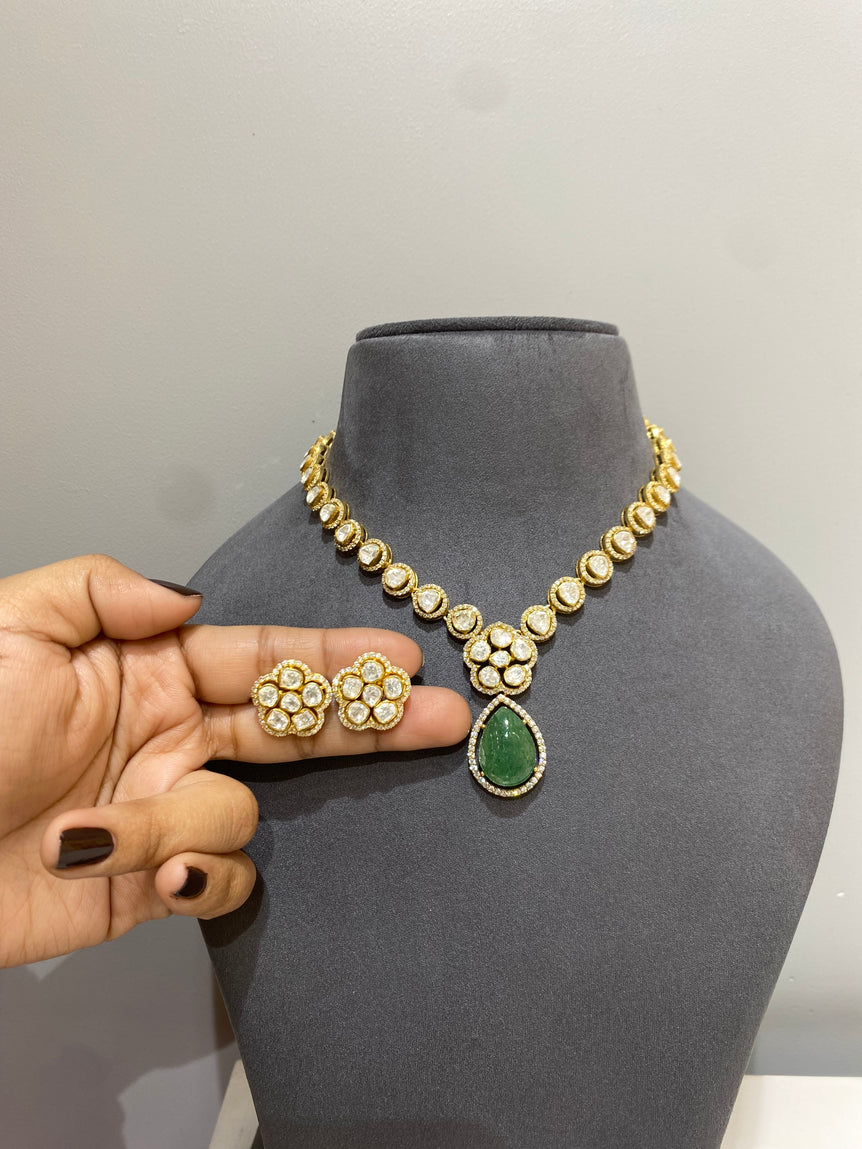 925 Silver Victorian Emerald Polki Necklace Set