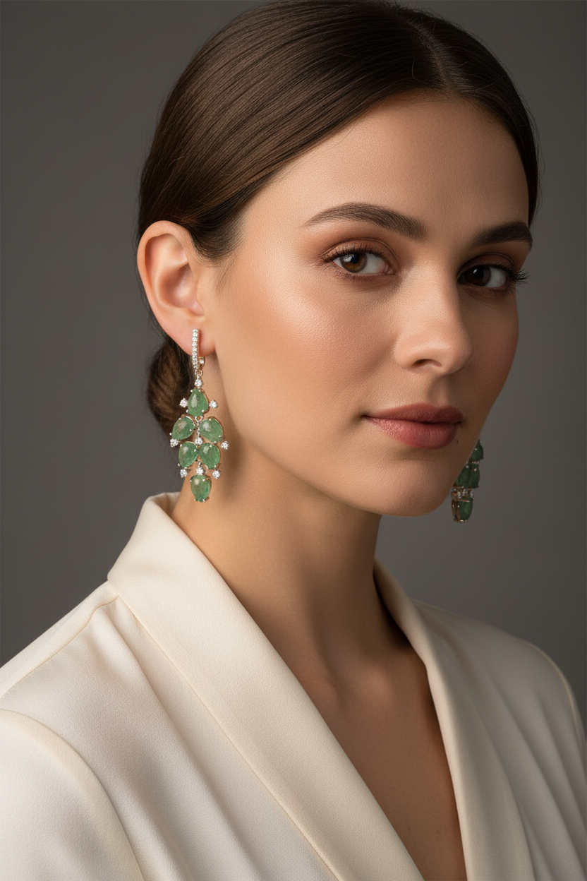 Green Beads Drop Diamond Earrings