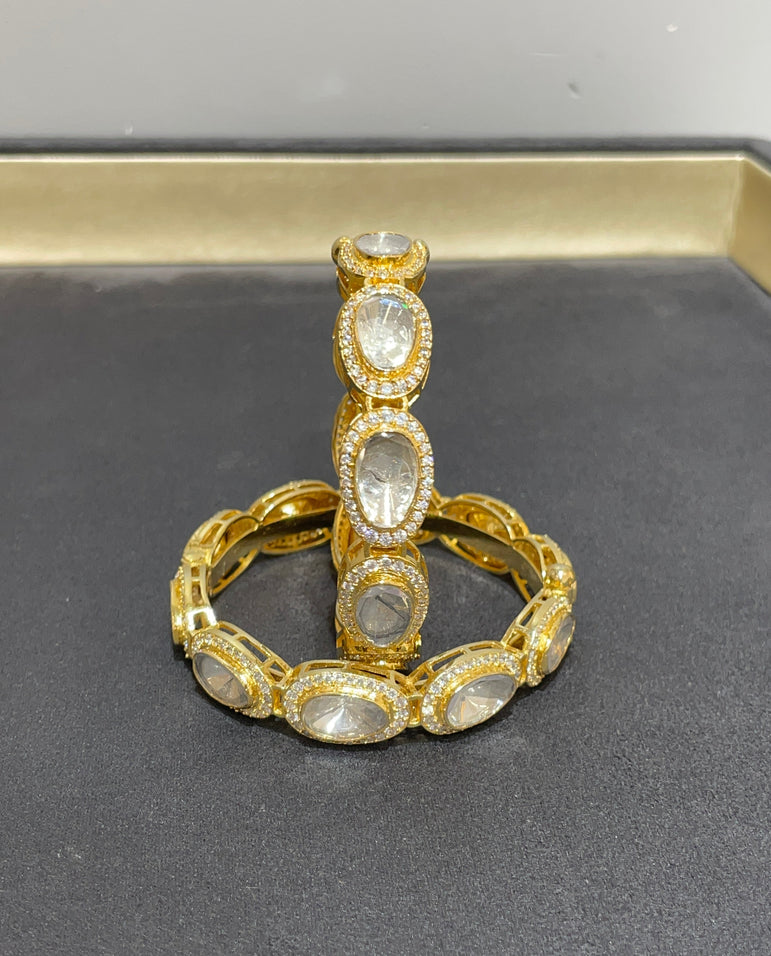 CLASSIC PURE SILVER POLKI BANGLE | 22KT GOLD PLATED ( 1 PAIR )