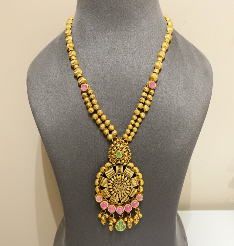 Antique Gold Dual-Strand & Pink-Green Medallion Set