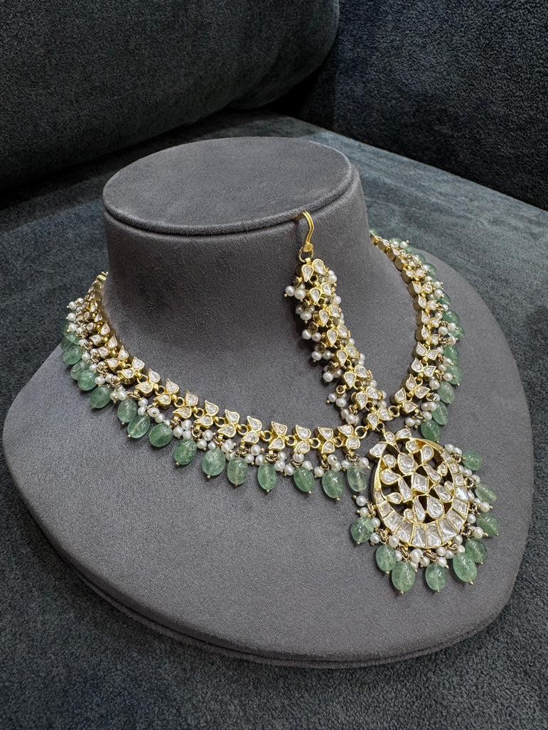 925 Silver Pastel Green Heavy Polki Matha Patti