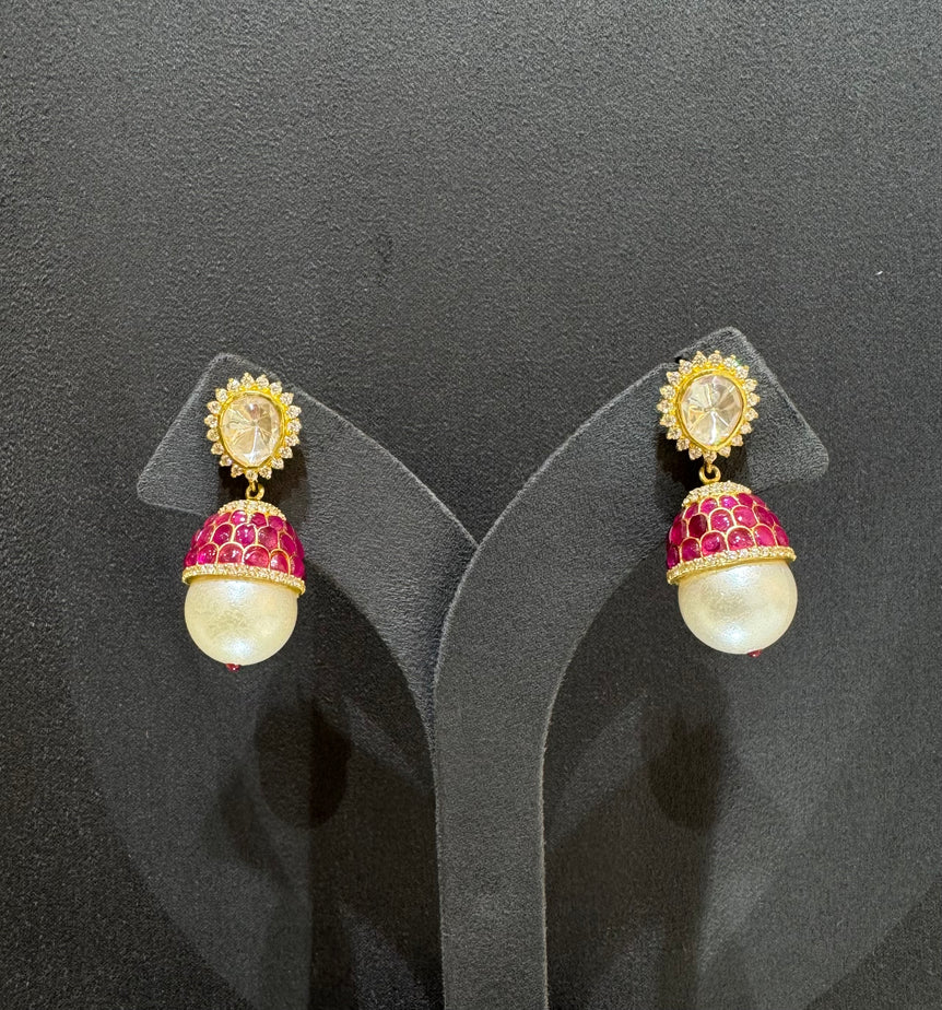 925 Silver Polki & Pearl Drop Earrings