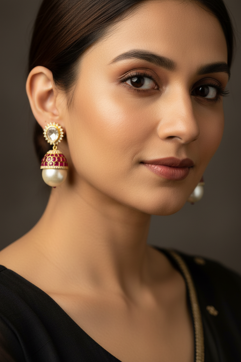 The Meera Ruby-Pink & Statement Pearl Drops Polki Earrings