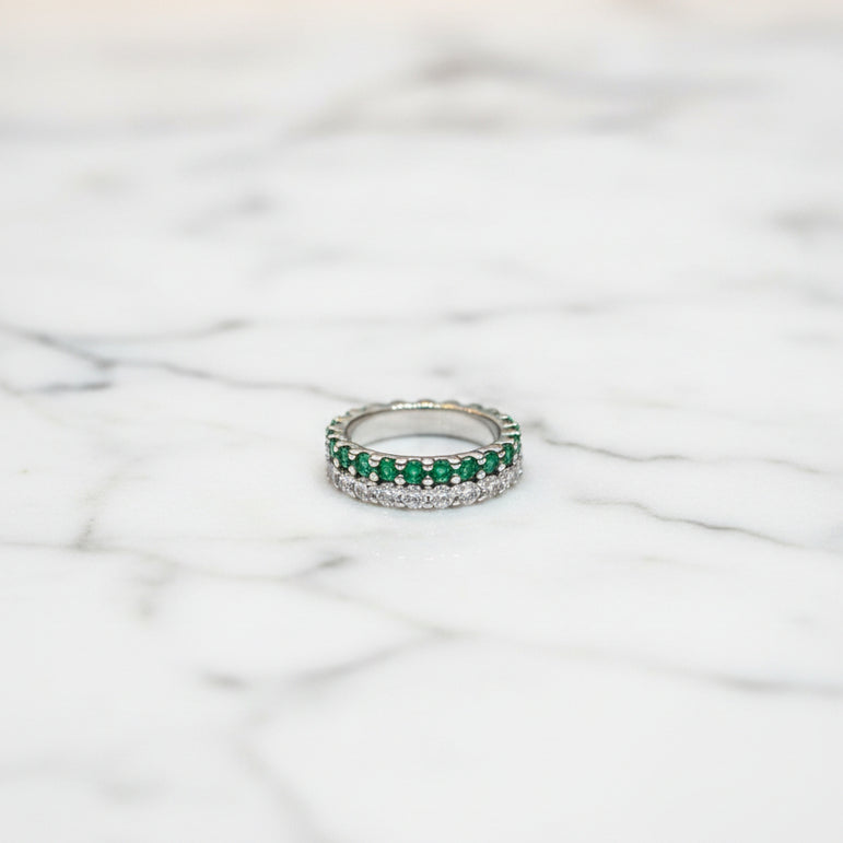 Classic Emerald & Diamond Dual-Row Eternity Band Ring